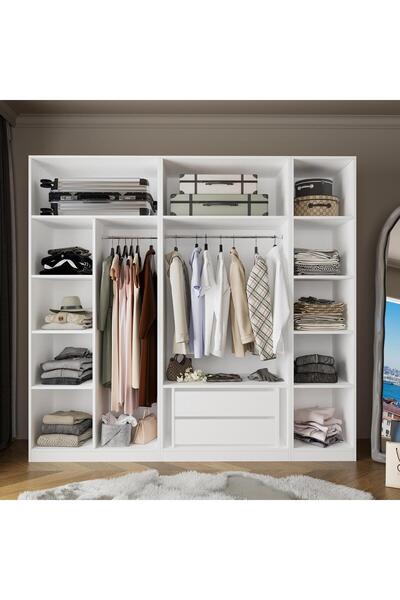 Bimossa KD3040 GOSS 225 cm Beyaz Açık Gardırop, Dar Raflı, Boy Askılı ve Çekm...