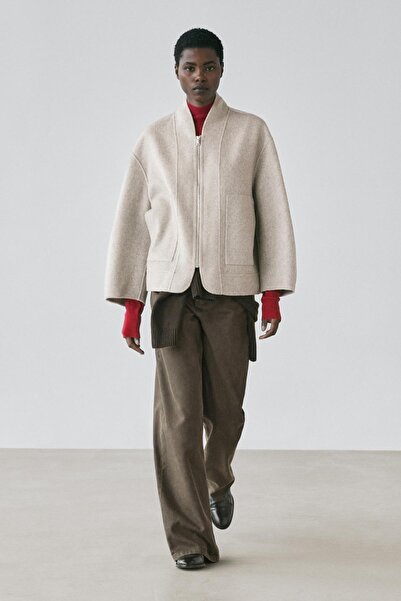 Massimo Dutti Fermuarlı yün karışımlı kaban