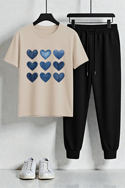 uyguntarz Unisex Jean Patterned Heart Design Printed T-Shirt - 2-Piece Tracks...