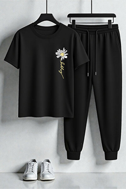 uyguntarz Unisex Happy Daisy Design Printed T-Shirt - 2-Piece Tracksuit Set