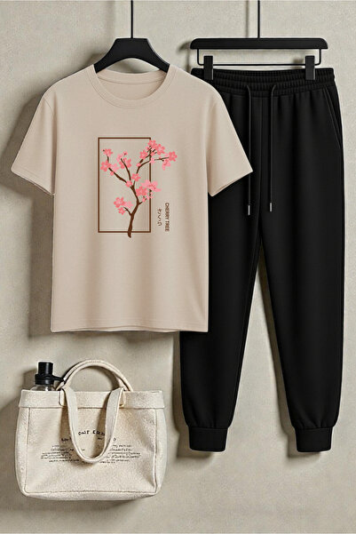 uyguntarz Unisex Cherry Tree Design Printed T-Shirt - 2-Piece Tracksuit Set