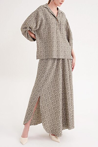 SOCIETA Haki Bol kesim gömlek ve beli lastikli etekli takım 12358