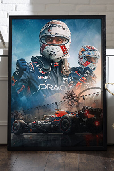 Duvarda Max Verstappen Formula 1 Siyah Ahşap Çerçeveli Poster, Dekoratif Arab...