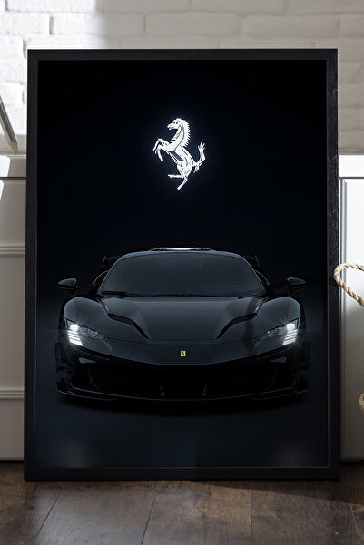 Duvarda Ferrari SF90 Siyah Ahşap Çerçeveli Poster, Dekoratif Araba Duvar Tablosu