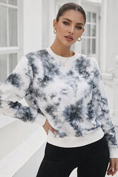 Rich Women's Gray White Tie-Dye Pattern Cotton Crew Neck Oversized Sweatshirt