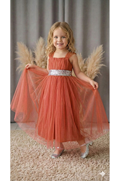 ay yılmaz Sırt Gipeli Tütü Etek Kız Çocuk Saten Parti Abiye Elbise KİREMİT