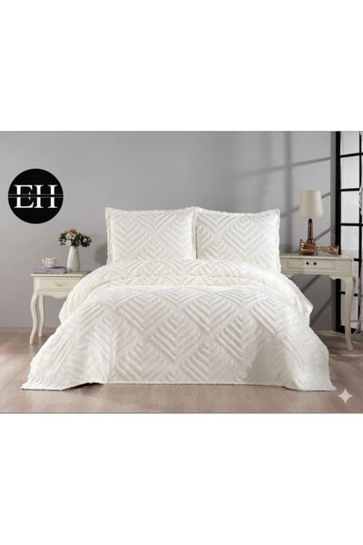 elvira concept Yaprak Krem Double Bedspread Set Pike Set Daily Dowry Set 3 Pi...
