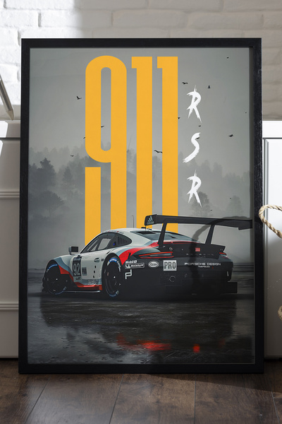 Duvarda Porsche 911 RSR Siyah Ahşap Çerçeveli Poster, Dekoratif Araba Duvar T...