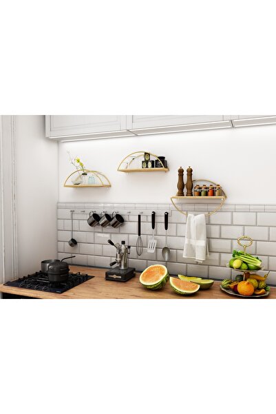 Vivense BİNO ELİPS MASİF AĞAÇ PASLANMAZ DEKORATİF MUTFAK BANYO RAFI, ÜÇLÜ SET...