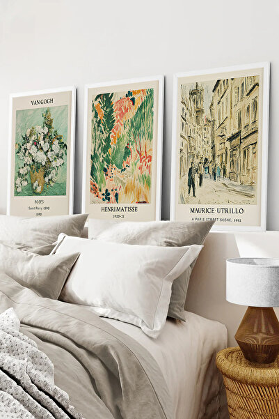 kutuTR Beyaz Çerçeveli 2D UV Baskı 3’lü MDF Tablo–Van Gogh, Matisse Utrillo S...