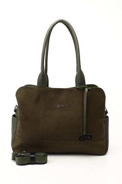 GÖNDERİ(R) حقيبة يد وكتف نسائية طويلة بحزام من الجلد السويدي الكاكي