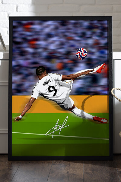 Duvarda Kylian Mbappe Siyah Ahşap Çerçeveli Poster, Dekoratif Futbol Real Mad...