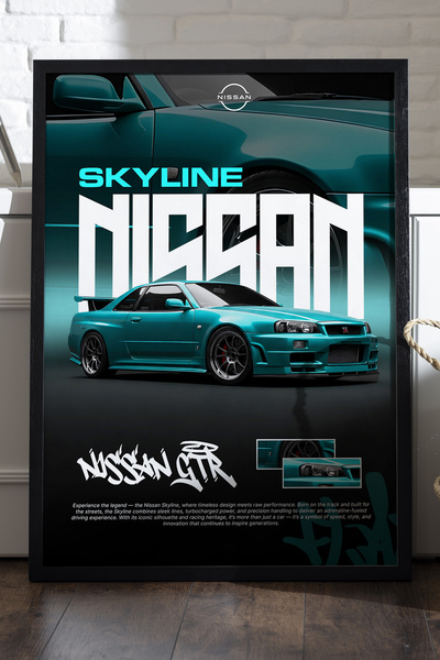 Duvarda Nissan GT-R Skyline Siyah Ahşap Çerçeveli Poster, Dekoratif Araba Duv...