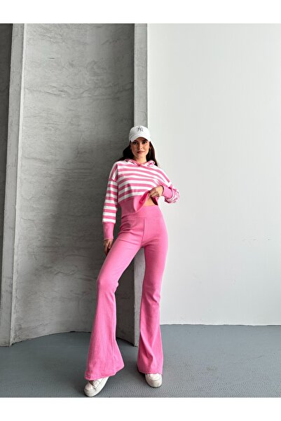 eyyebelle Women's Hooded Striped Sweat Flared Leggings Double Set