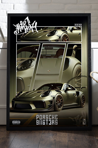 Duvarda Porsche 911 GT3 RS Siyah Ahşap Çerçeveli Poster, Dekoratif Araba Duva...