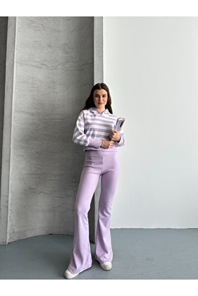 eyyebelle Women's Hooded Striped Sweat Flared Leggings Double Set