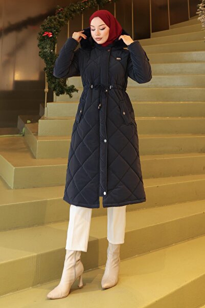 Modamihram Zippered Waist Lace-Up Quilted Coat Navy Blue 19283
