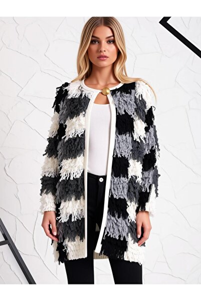 Miss Poem Women's Open Front Single Button Colorful Tassel Black Cardigan