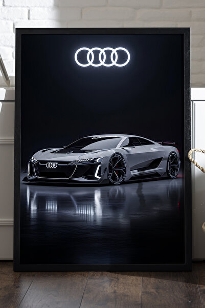 Duvarda Audi R8 Siyah Ahşap Çerçeveli Poster, Dekoratif Araba Duvar Tablosu