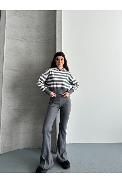 eyyebelle Women's Hooded Striped Sweat Flared Leggings Double Set