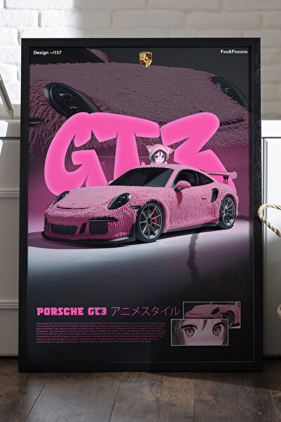 Duvarda Porsche 911 GT3 Siyah Ahşap Çerçeveli Poster, Dekoratif Araba Duvar T...
