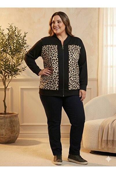 TUSSE Elegant Women's Leopard Plush Embroidered Plus Size Zippered Jacket Cardigan