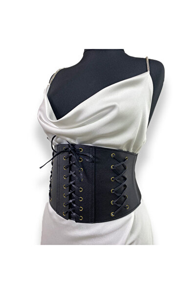 FashionForYou Centura corset Glam neagra, lata, din piele ecologica, elastica, cu snururi, cu siret