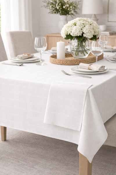 NazeninHome Checkered Satin Tablecloth with Napkins White 100% Cotton 160X220 cm - 40X40 cm Napkins (6 Pieces)