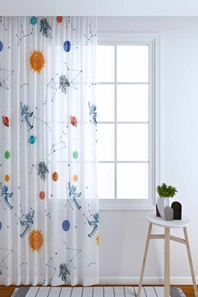 ZÜPER TEKSTİL Çocuk Odası Unisex Uzay Temalı Tül Perde, Pilesiz Büzgülü Ekstr...