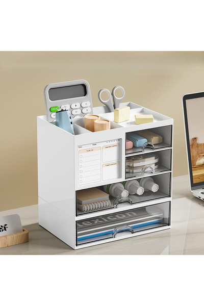 Arabest Desk Organizer with 4 Drawer,Clear Plastic MultiFunctional,with 10 Note Cards,for Office Home,White
