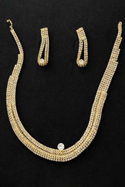 TAKIŞTIR Altın Renk Taş Detaylı Abiye Set