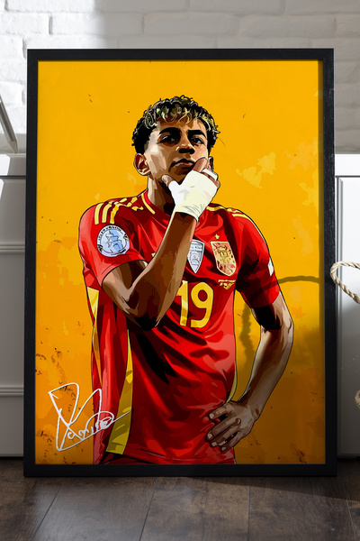 Duvarda Lamine Yamal Siyah Ahşap Çerçeveli Poster, Dekoratif Futbol Duvar Tab...