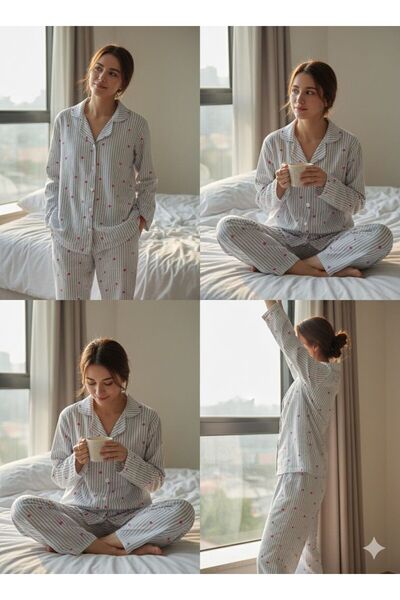 PEMBİŞ HOMEWEAR طقم بيجامة بياقة قميص مخططة باللون الأحمر