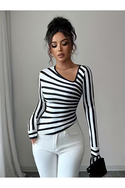 BALVA KONSEPT KADIN SİYAH BEYAZ ÇİZGİLİ ASİMETRİK YAKA DALGIÇ KUMAŞ UZUN KOLL...