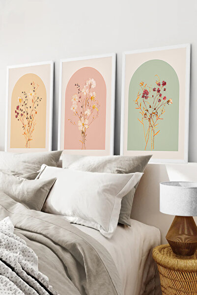 kutuTR Beyaz Çerçeveli 2D UV Baskı 3’lü MDF Tablo–Pastel Tonlarda Kemerli Çiç...