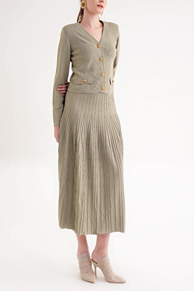 SOCIETA Yeşil Pili detaylı etek ve ceketli triko takım 28889