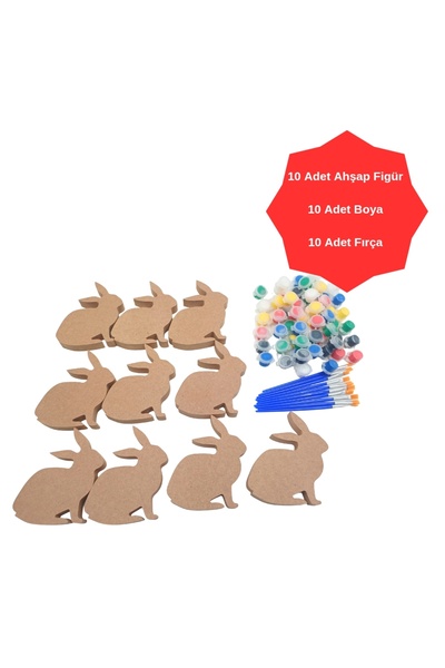 İCONS Ahşap boyama Seti 10 adet Tavşan Figürü Kalın Ahşap Çocuk Etkinlik seti...