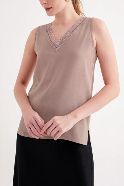 SOCIETA Bej DANTEL DEYATLI V YAKA İPEK BLUZ 19479