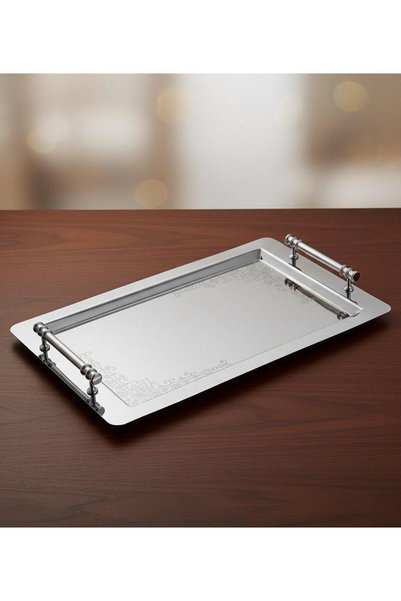 Arsel Lara Patterned Stainless Steel Tea Tray 29X45 cm – 0.80 mm Platinum with Handles, Stylish Satin Presentation