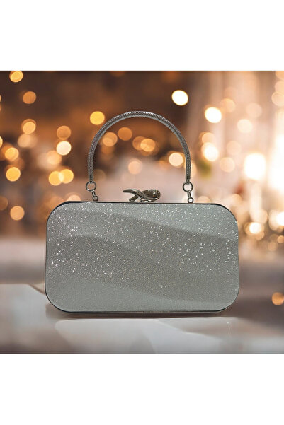 Butik Gümüş Işıltılı Simli Abiye Çantası -