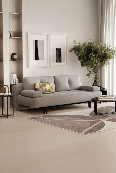 Enza Home Henna 3'lü Yataklı Koltuk, Kadife Dokulu - Açık Gri