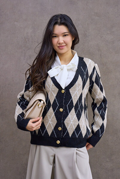 KÜÇÜĞÜM BUTİK Baklava Patterned Cream Knit Cardigan