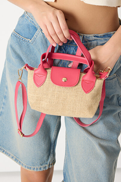 Tonny Black Women's Fuchsia Mini Size Strap Straw Hand and Crossbody Bag