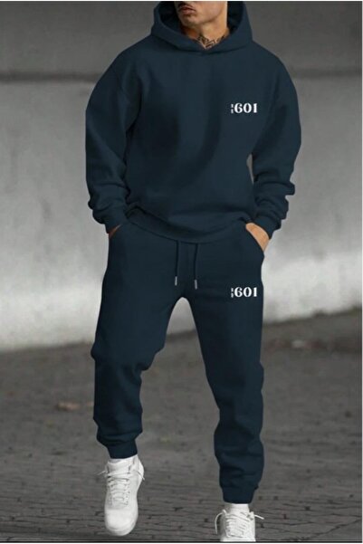 CAST COLLECTİON طقم بدلة رياضية بغطاء للرأس للرجال باللون البترولي رقم 601 مطبوع