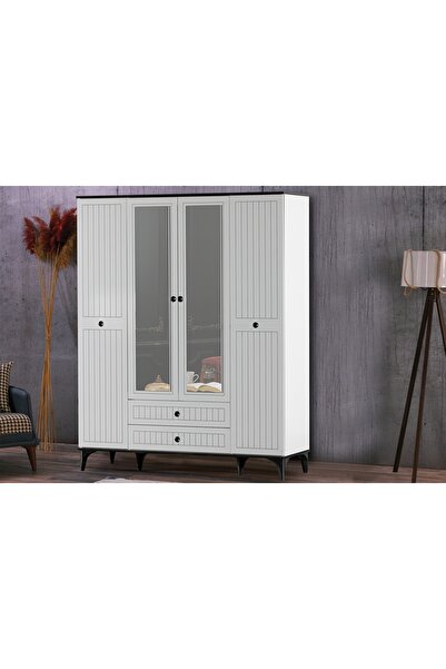 Vivense LUNNA AYAKLI GARDIROP, 4 KAPILI 2 ÇEKMECELİ, BEYAZ