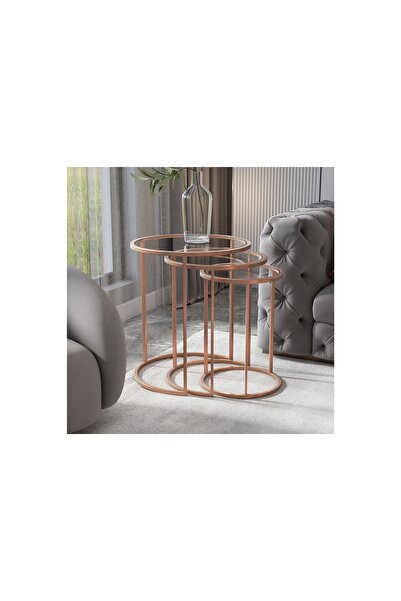 Vivense MARSAH HOME ZİGON SEHPA TAKIMI, YUVARLAK, BRONZ METAL AYAK