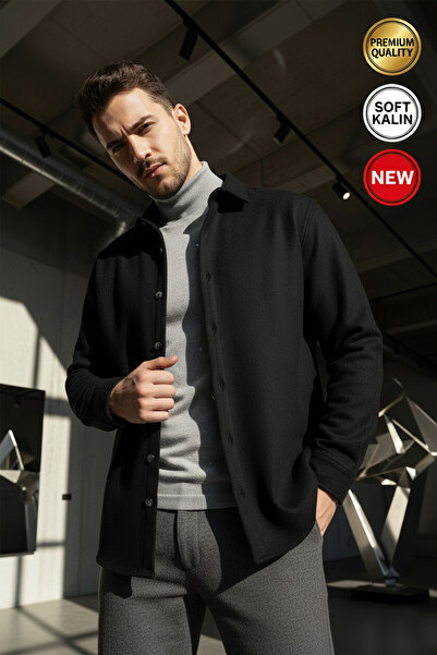 Teenage Millionaire Men's Black Cashmere Thick Soft Lumberjack Soft Textured Regular Old Money Culture Shirt Collar Jacket Cardigan