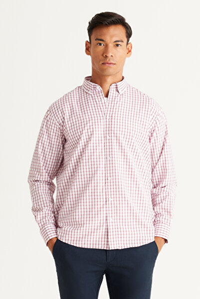 AC&Co / Altınyıldız Classics White-Burgundy Comfort Fit Relaxed Fit Button down Collar Cotton Checkered Shirt