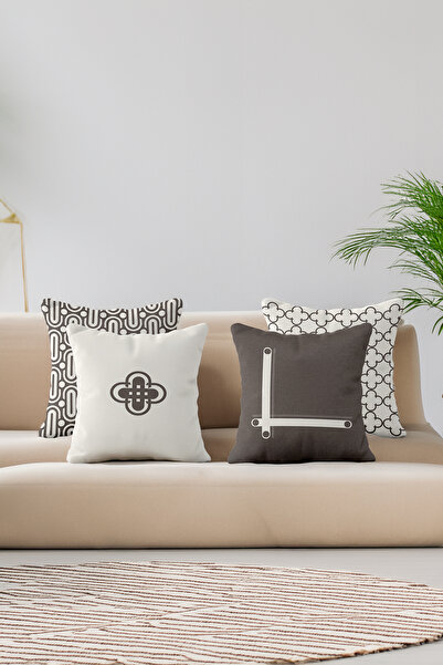 ASDİVA Twist Modern Geometric Patterned Set of 4 Decorative Throw Pillow Covers Beige-Brown