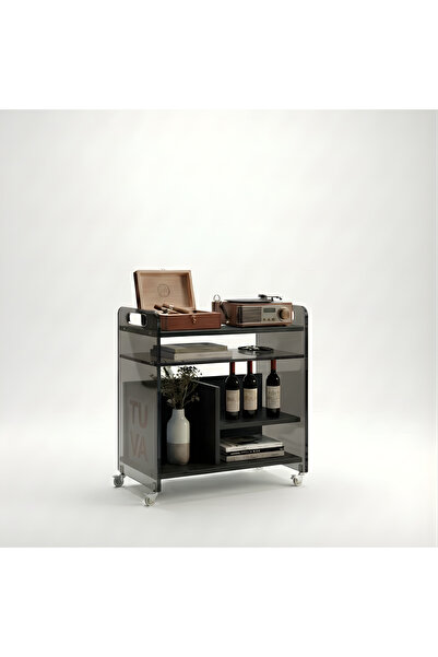 TUVA Collection NOIR MOTION - Tekerlekli Pleksi Yan Sehpa Komodin – Siyah Ahş...